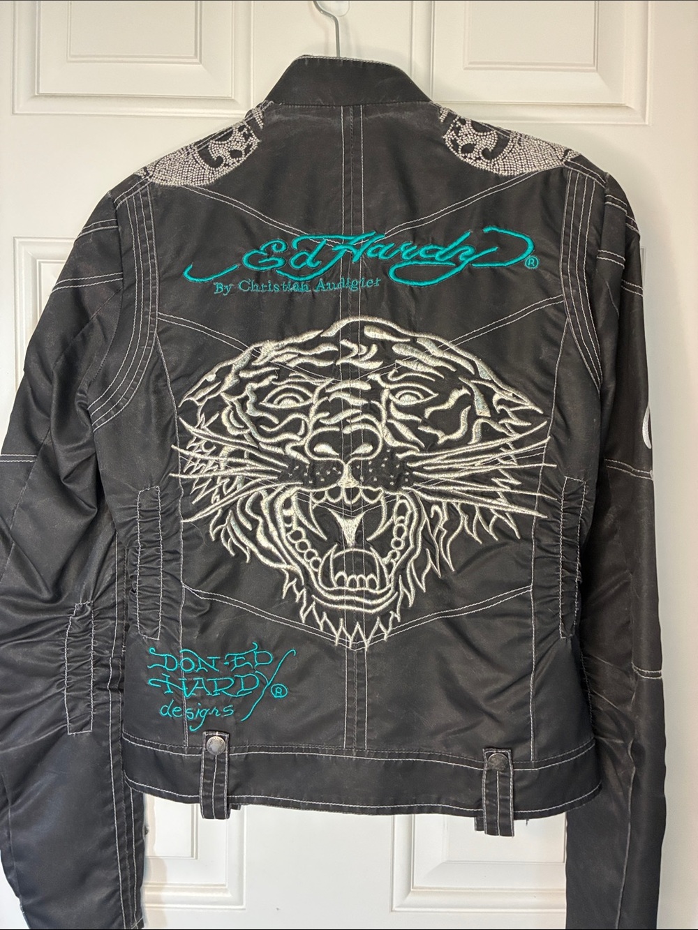 Ed Hardy Black Jacket with Teal Script and White Tiger Embroidery